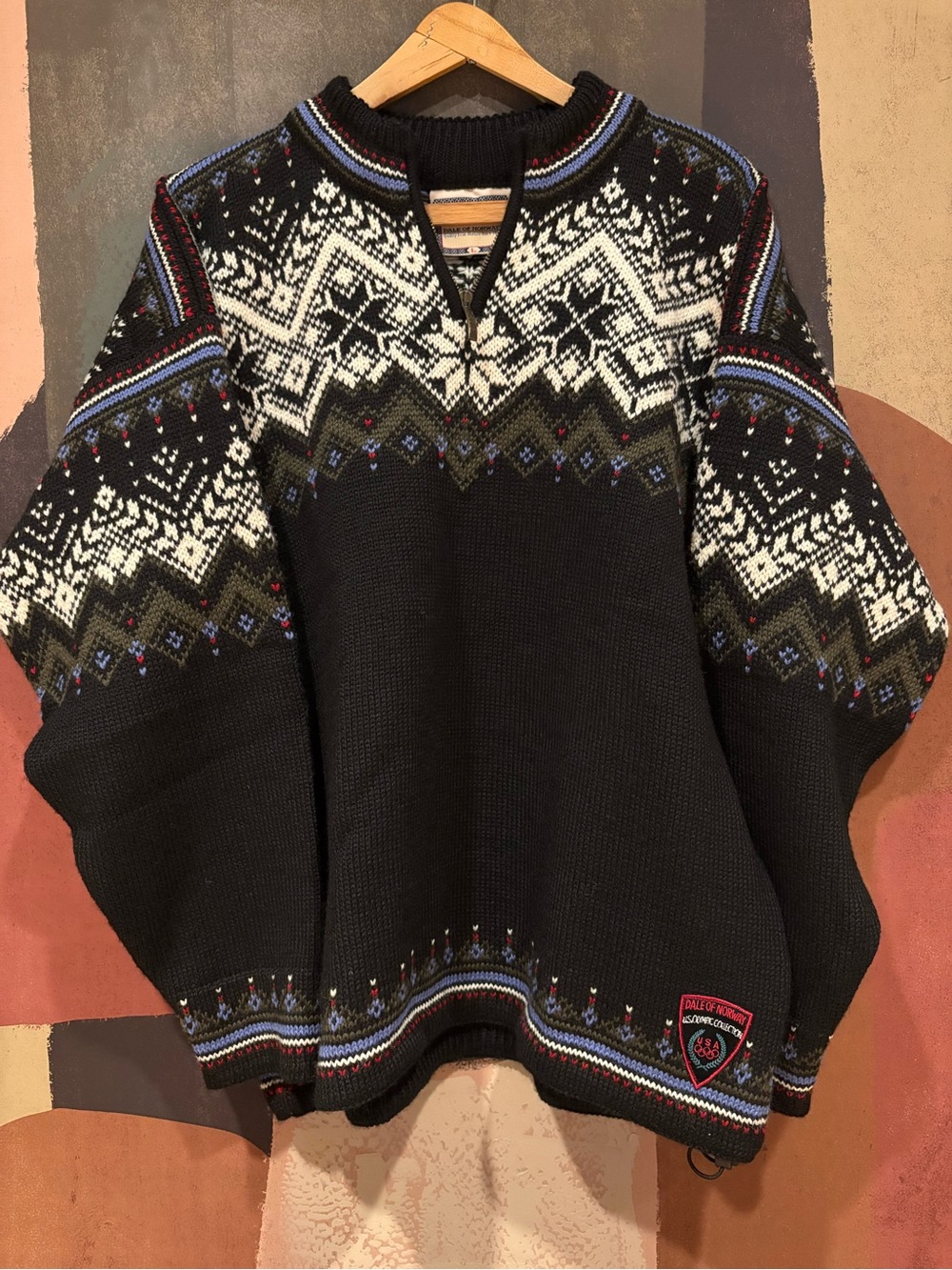 Dale of Norway Black Fair Isle Crewneck Sweater with White and Olive Pattern